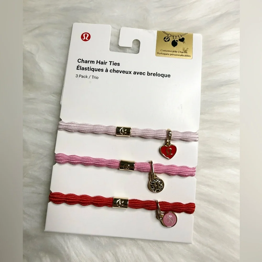 Lululemon 3 Pack Logo Charm Hair Ties /PLCC/OXFD/GOLD Detachable Charms NWT